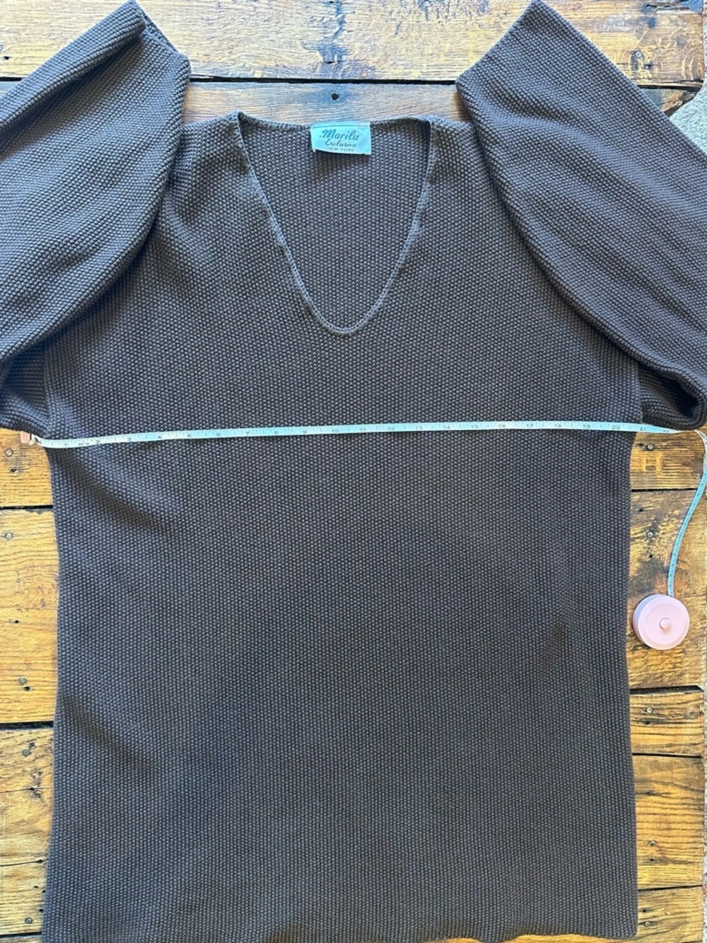 Vintage Marilu 90s Brown Cotton V-Neck Textured Knit Sweater–Oversized One Size - Picture 3 of 6